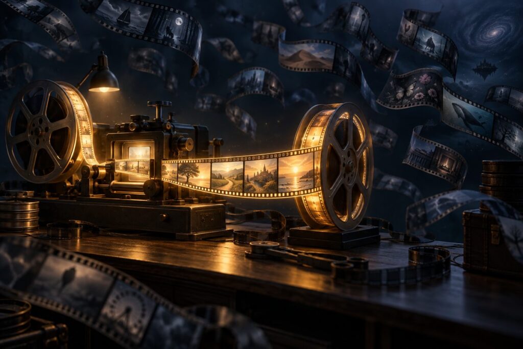 たくさんのフィルムの断片の中から、つながりのある場面だけが1本の映画のリールに編集されていく様子