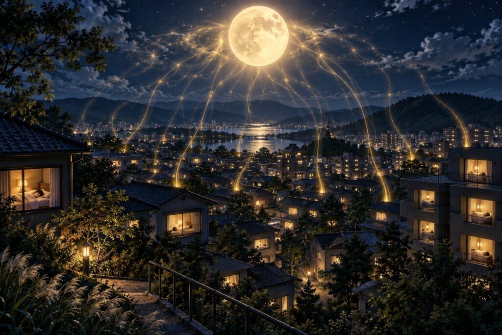 満月の夜の住宅街。たくさんの窓で人が眠り、それぞれの窓から細い光の糸が月に向かってのぼっている