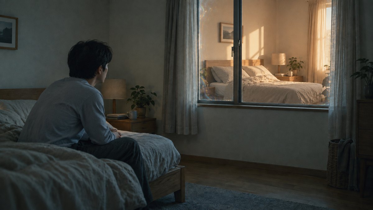 夜の寝室で、窓の向こうに朝の光の差す別の部屋が見えている。夢で別の現実への窓が開くという考えのイメージ