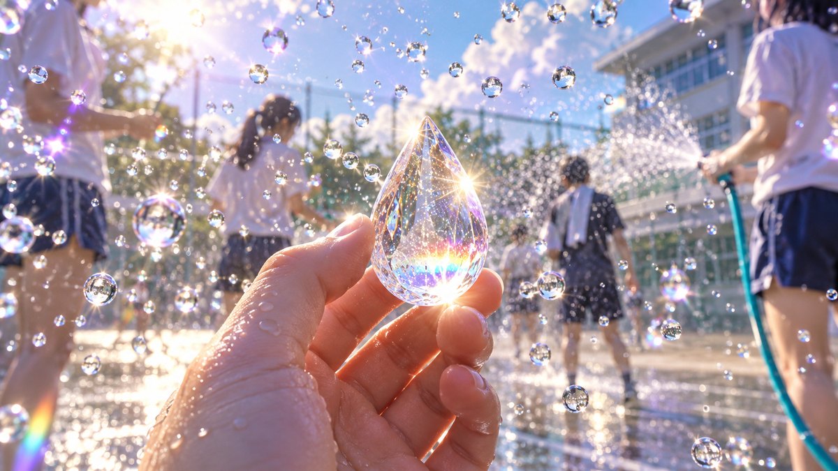 水しぶきが光る校庭で、雫型の透明な水晶を手に持っているイメージ
