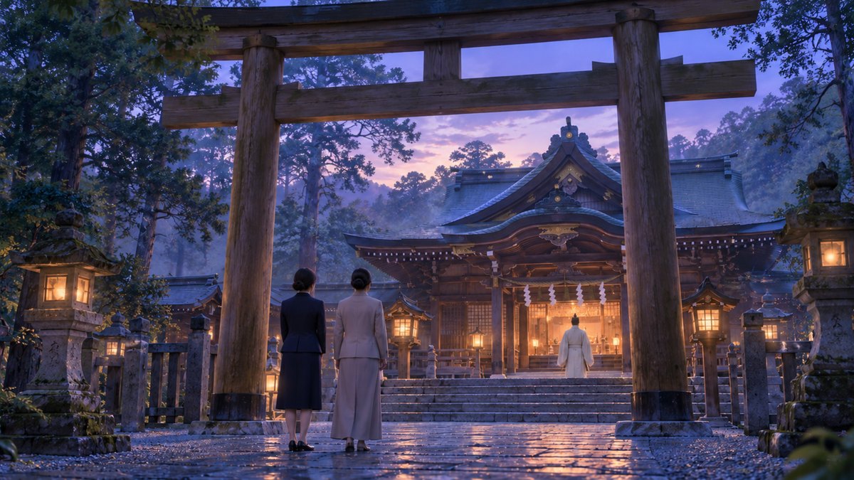 夕暮れの神社の鳥居の下に、参拝に来た2人の後ろ姿があるイメージ